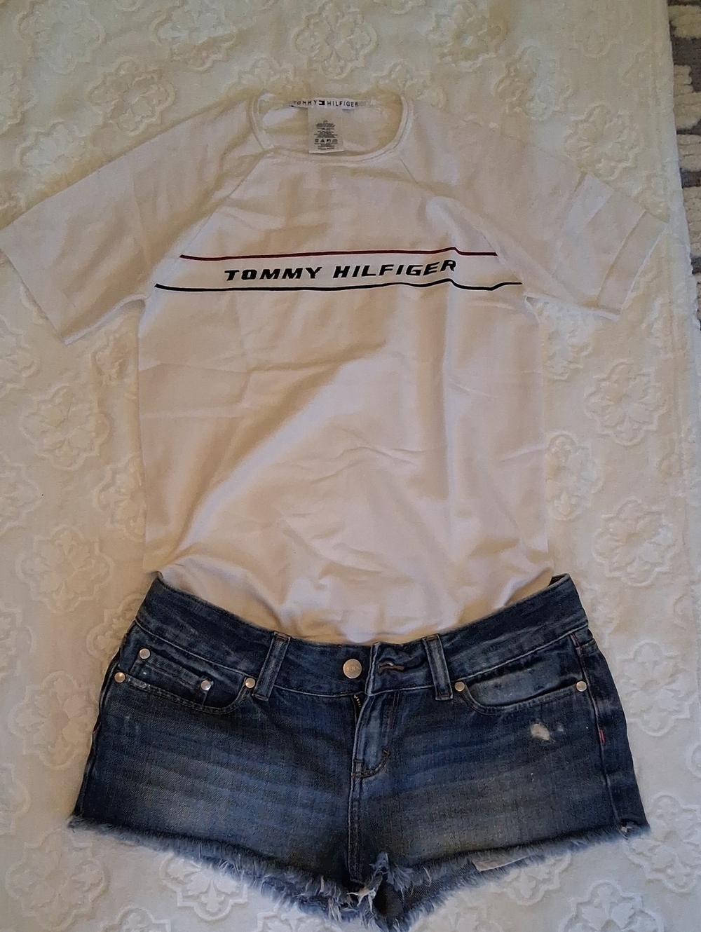 PINK Victoria's Secret Dark Blue Denim Jean Shorts. And Tommy Hilfiger Jeans Tee